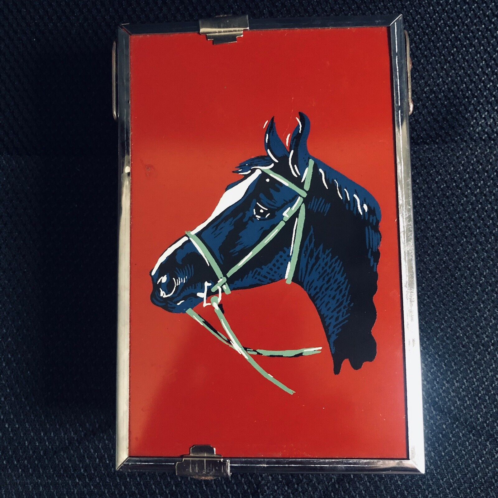 Vintage Antique Horse Foldable  Shaving Kit Mirror Cup Holder Red Equestrian ￼