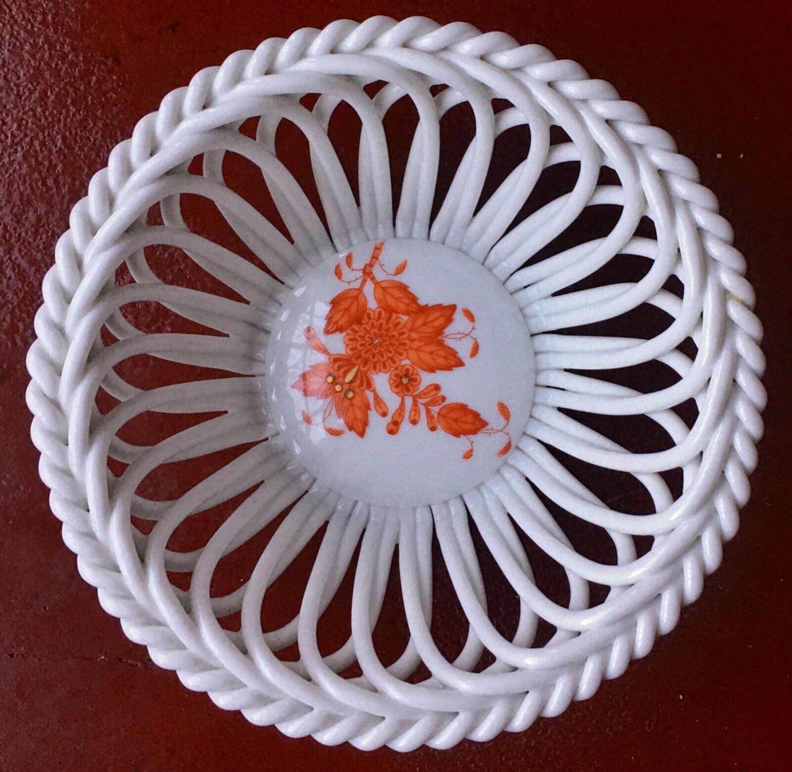 HEREND PORCELAIN  RUST CHINESE BOUQUET LACE RETICULATED SMALL BOWL