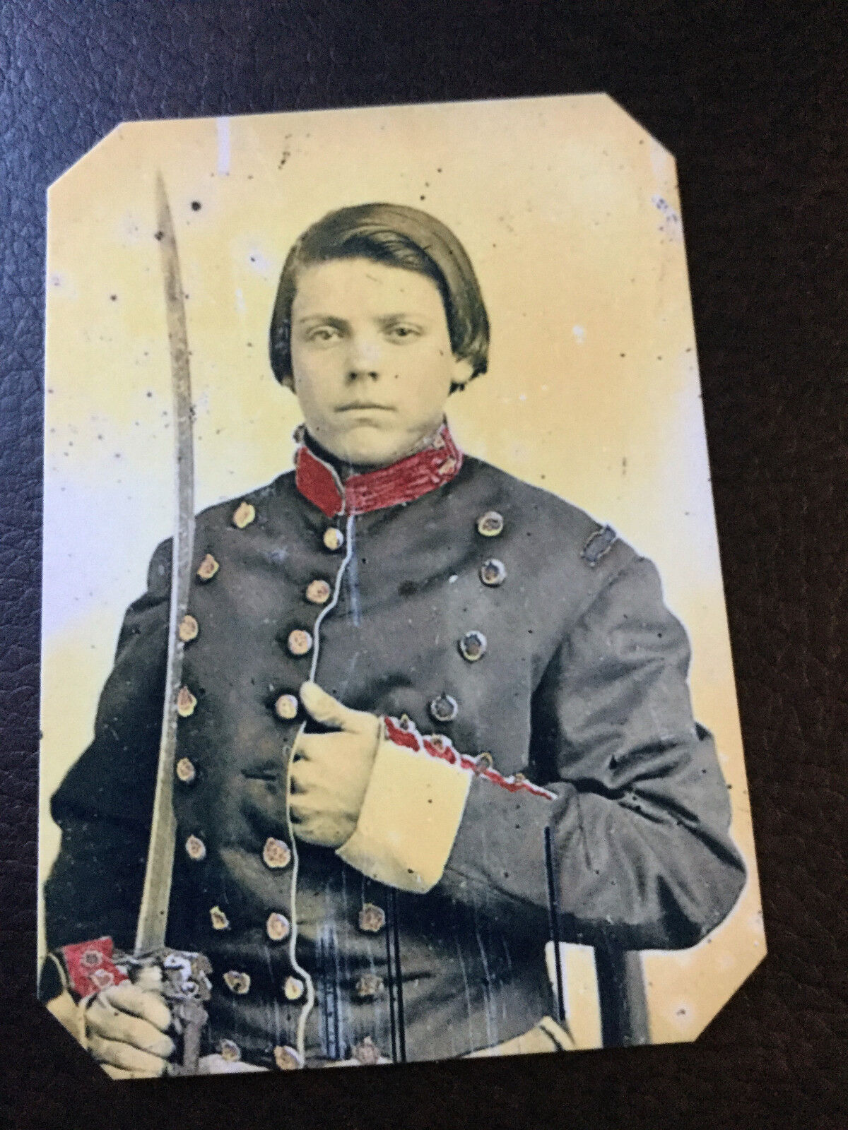 Young soldier in Confederate uniform with saber tintype C929RP