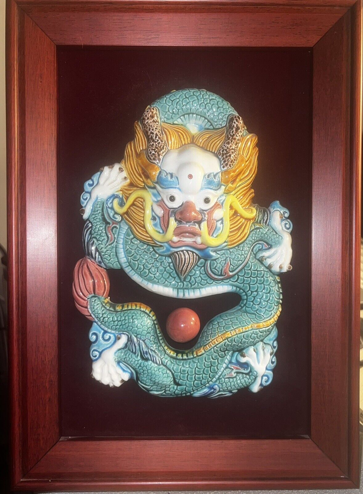 Vintage Fu Foo Dog Dragon 3D Porcelain Framed Asian Wall Art Colorful 14X10”