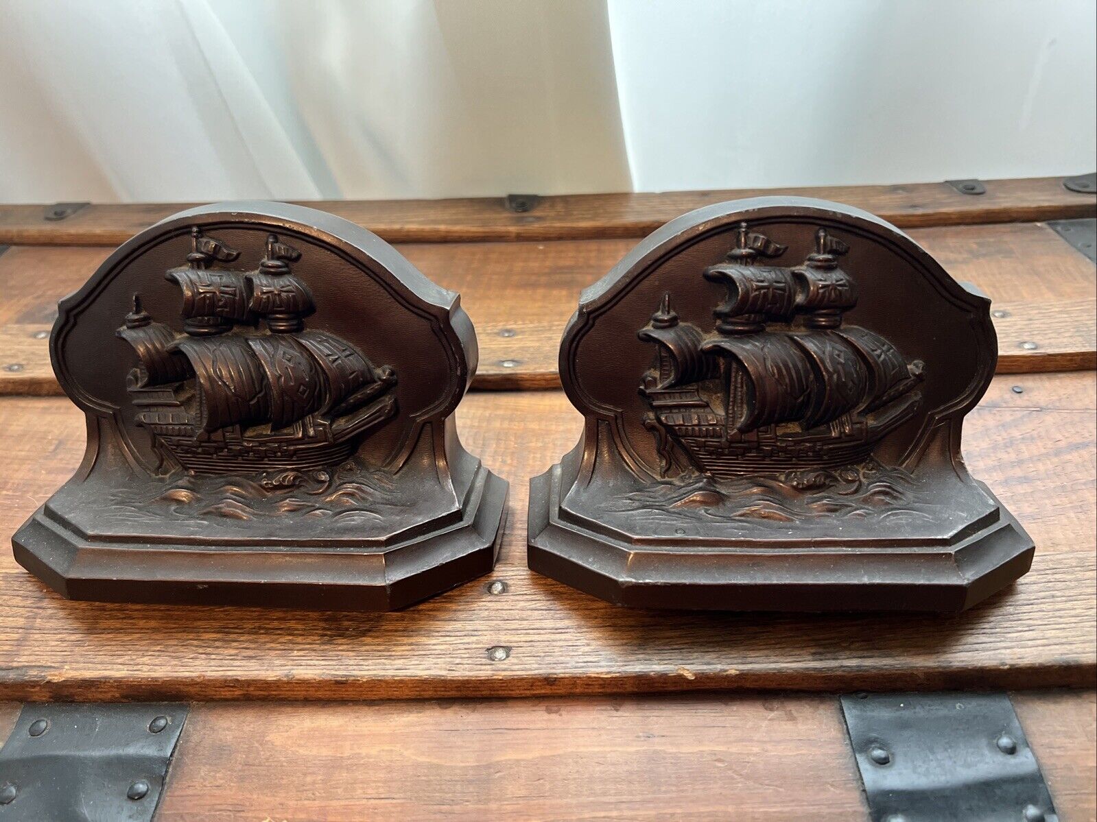 Antique Victorian pot, metal Bookends Nautical Pirate Ship  Spanish Galle #513