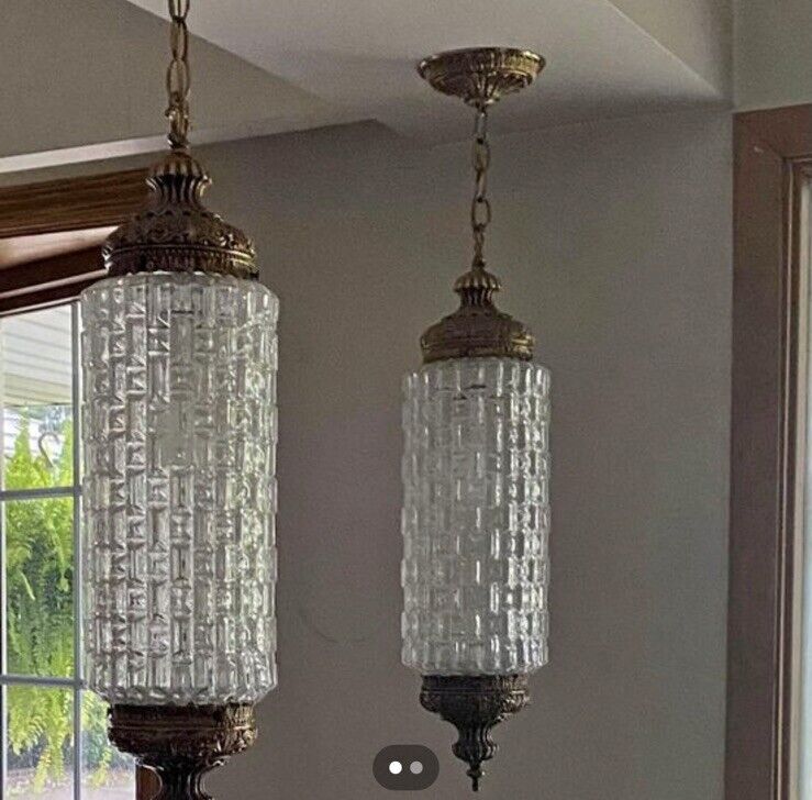 2 VTG 70s Diamond Cut Clear Glass Regency Pendant Hanging Light w/ Ornate Brass