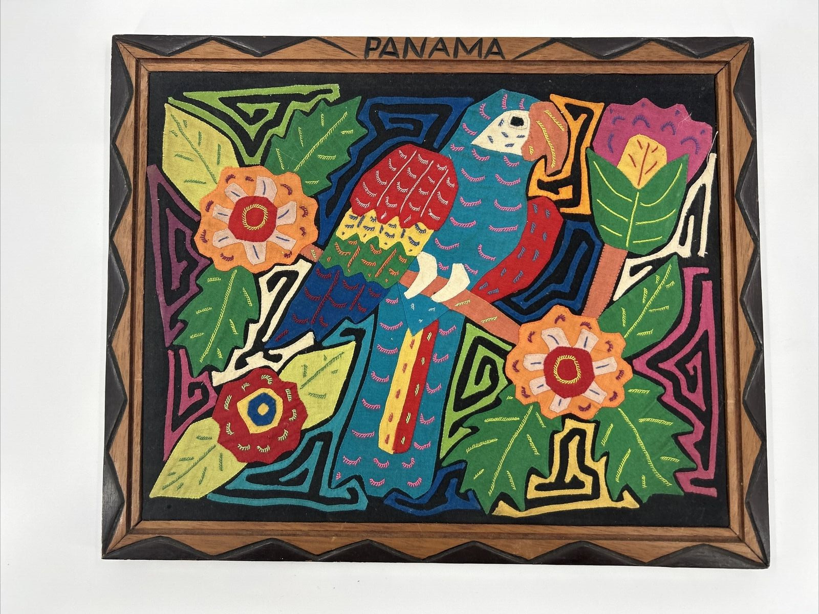 Vintage Panama Quilted Colorful Picture Parrot Tropical Floral Embroidery 16X13