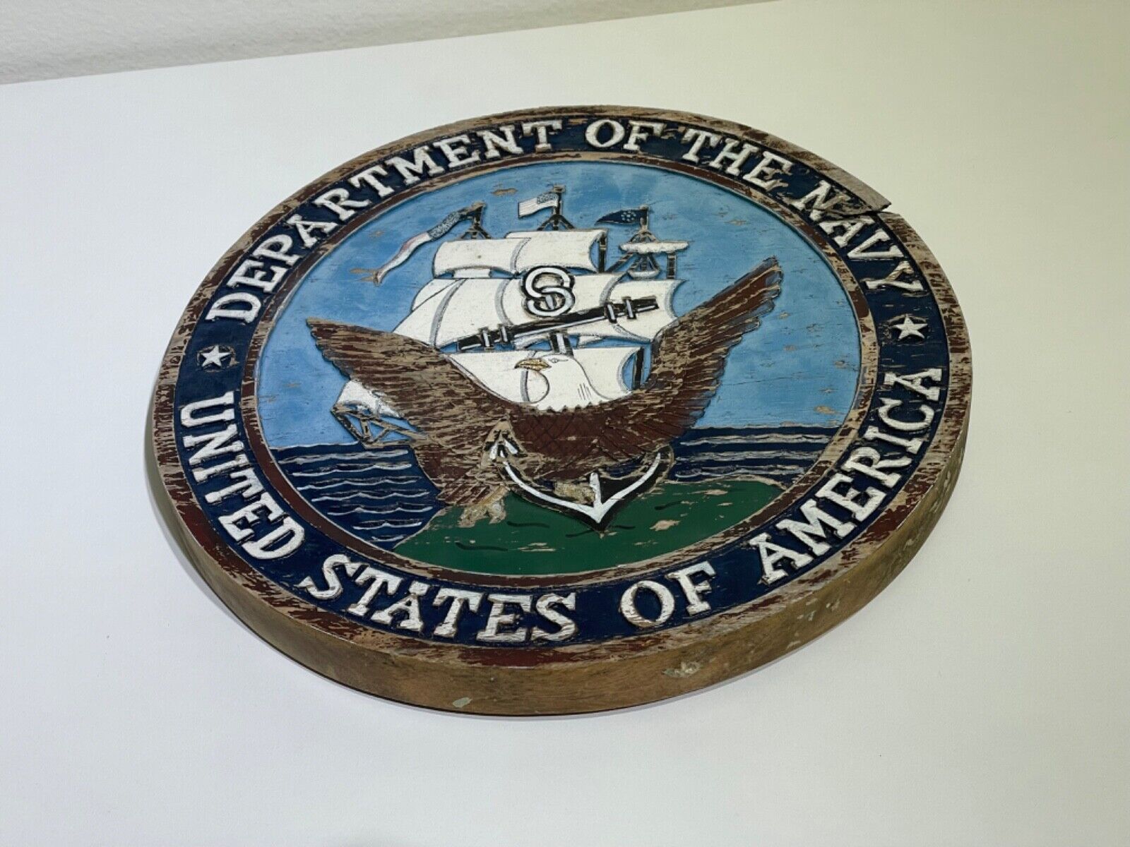 Department of the Navy | Vintage Round Solid Wood Sign | USA | 1940's,50's,60's?