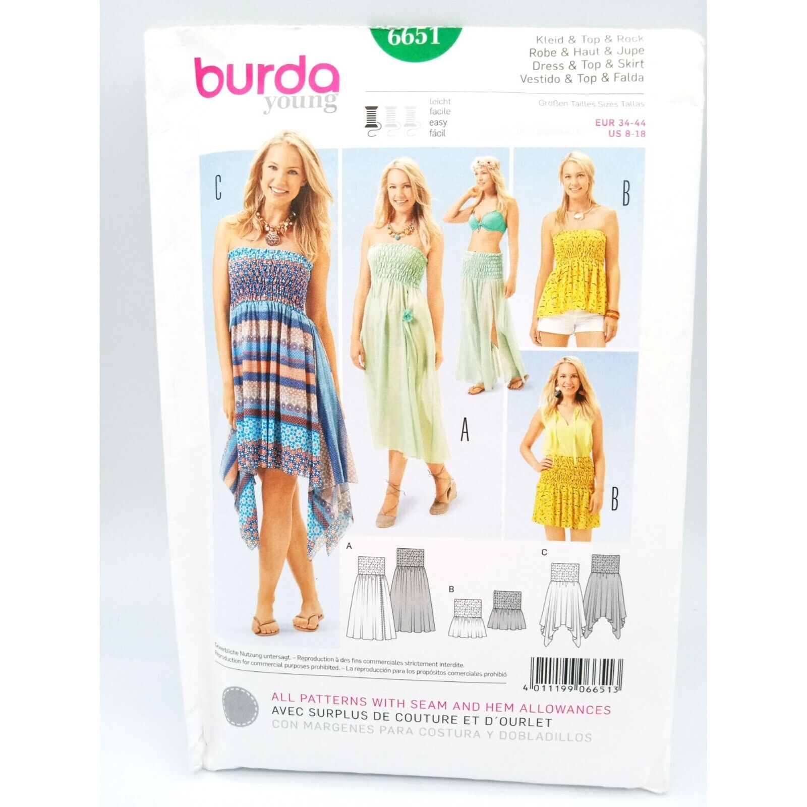 Burda Young Pattern 6651 Dress Top Skirt Seam Hem Allowances US 8-18 EUR 34-44