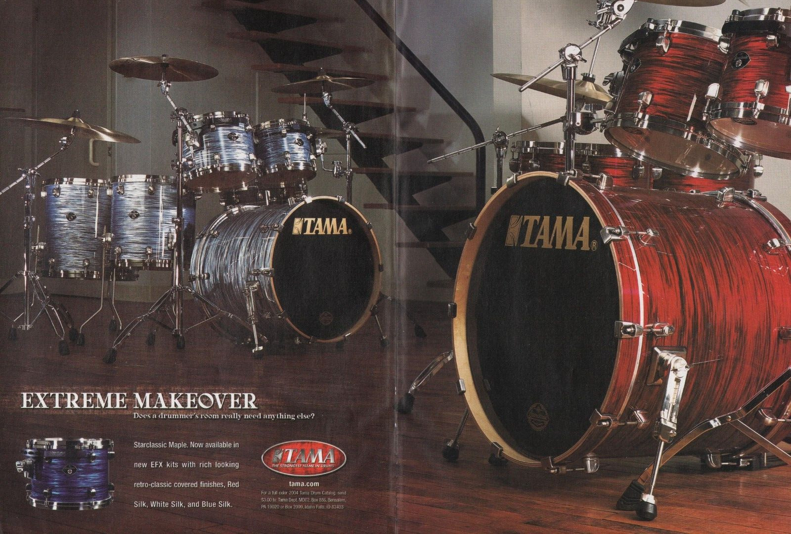 2004 2pg Print Ad of Tama Starclassic Maple EFX Drum Kit Red White & Blue Silk