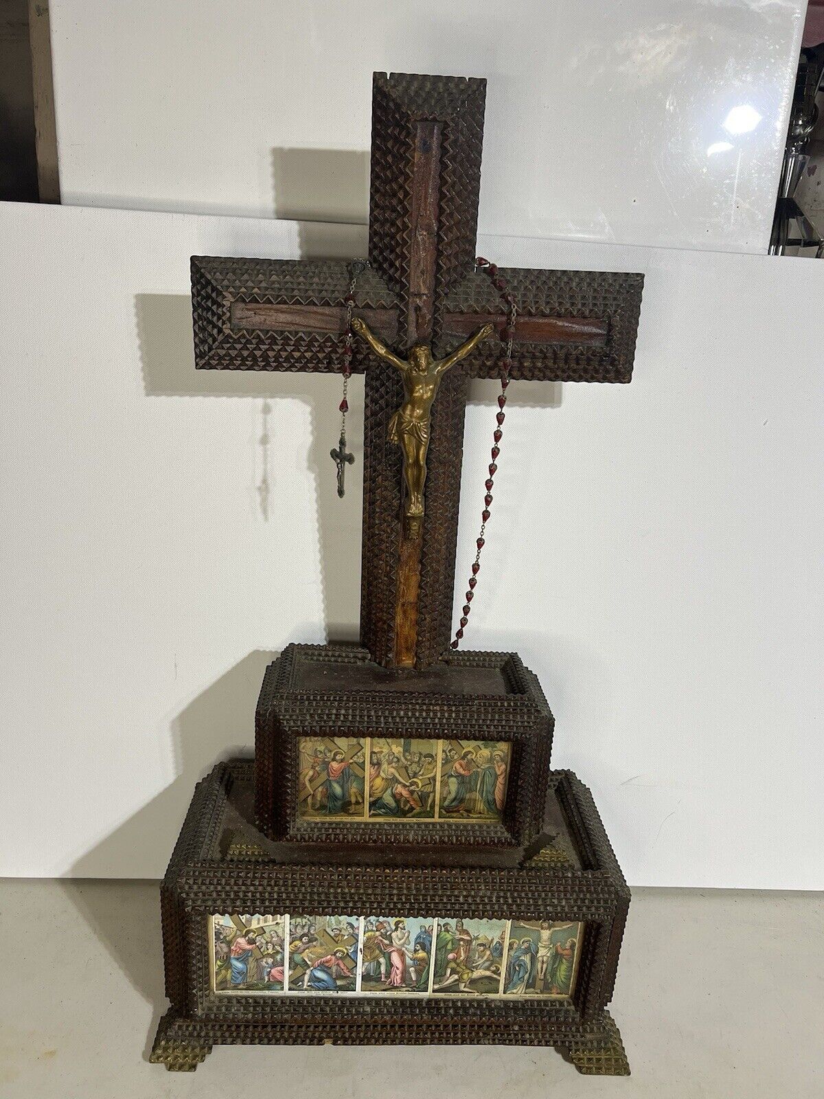 Huge Rare Antique Tramp Art Crucifix W/Stations Of Cross And Drawer 28”