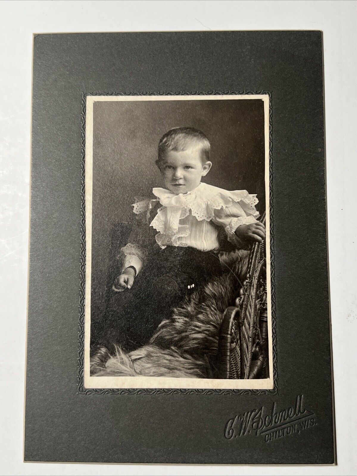 Antique Cabinet Card Photo Boy w BIG Fancy RUFFLE Collar CHILTON Wisconsin