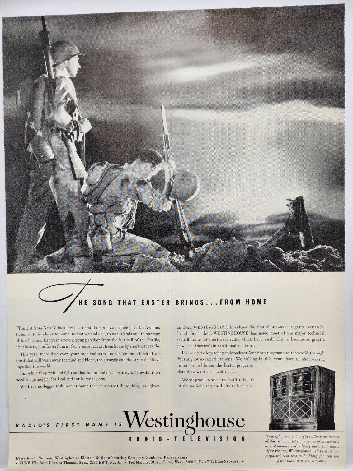 1945 Westinghouse Radio Soldiers New Guinea WWII Era Print Ad Man Cave Art Deco
