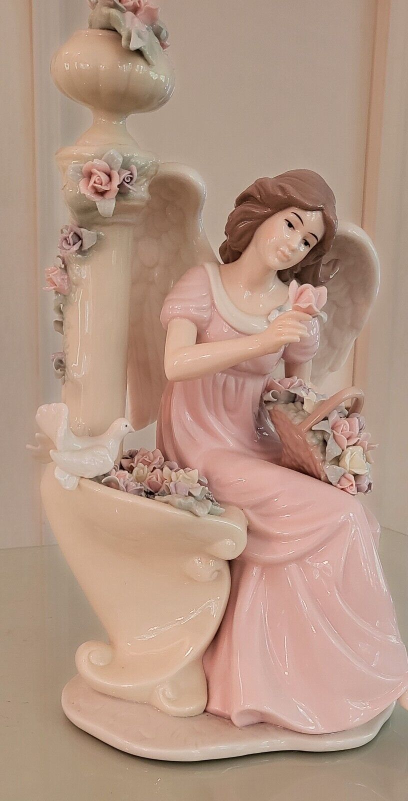 HAND PAINTED PORCELAIN ANGEL FIGURINE 2005 w/ Dove and Flowers from Members Mark