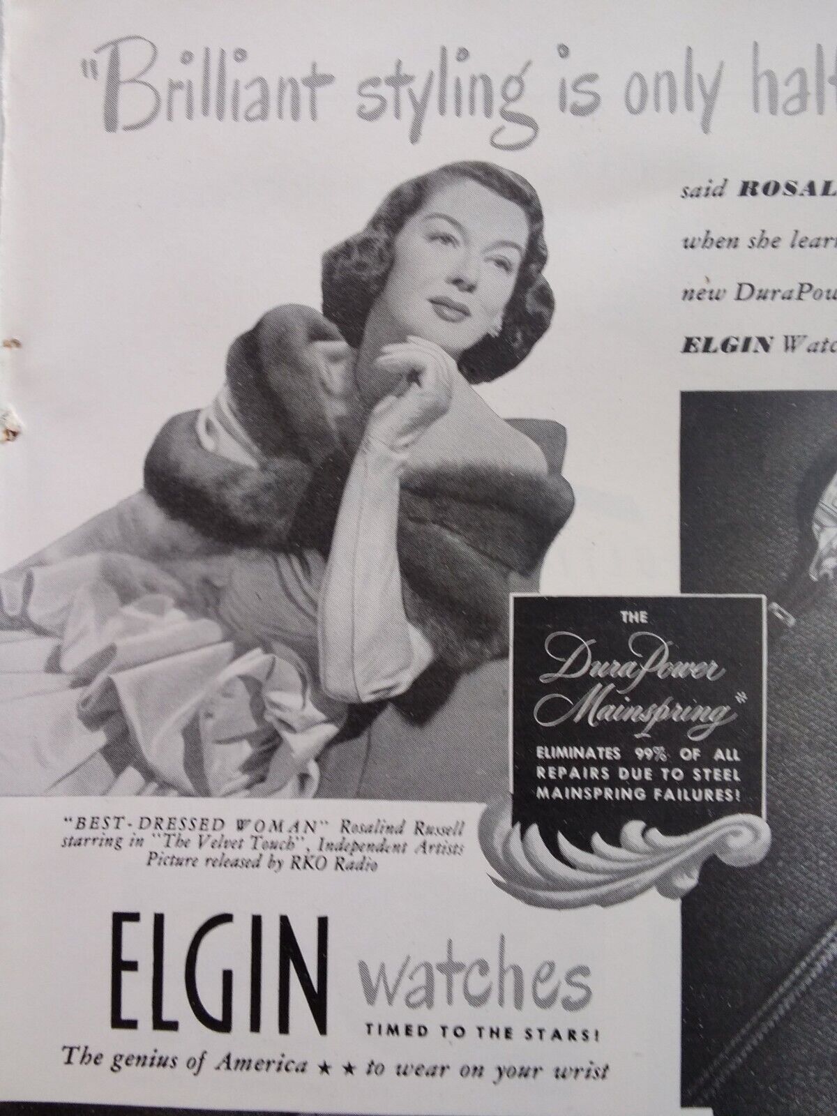 Elgin Watch Print Ad Original Vtg 1948 Rosalind Russell Elgin IL 