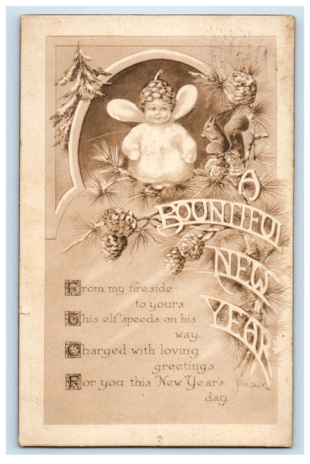 c1910's Bountiful New Year Greetings Little Cute Girl Pine Cone Antique Postcard