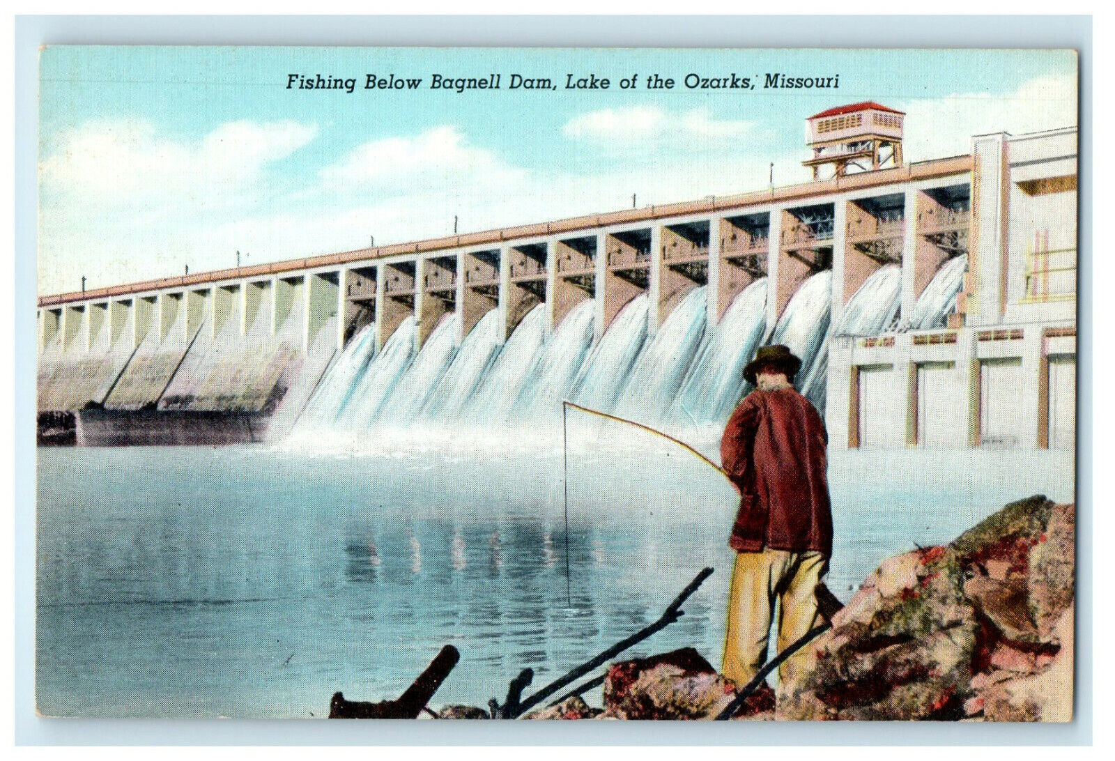c1940s Fishing Below Bagnell Dam, Lake of the Ozarks Missouri MO Postcard
