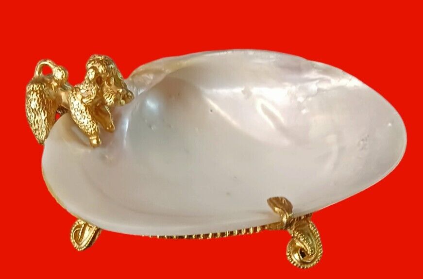 Rare HTF Vintage Fabulous Florenza Gold Gilt Poodle M.O.P. Shell Soap Ring Dish