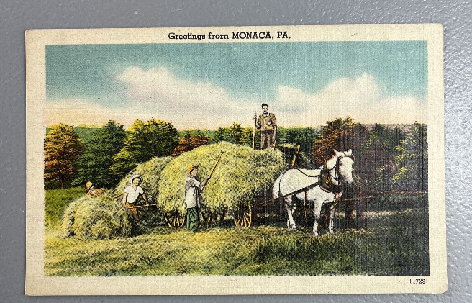 Greetings from Monaca PA LInen Hayworkers Wagon Horse linen