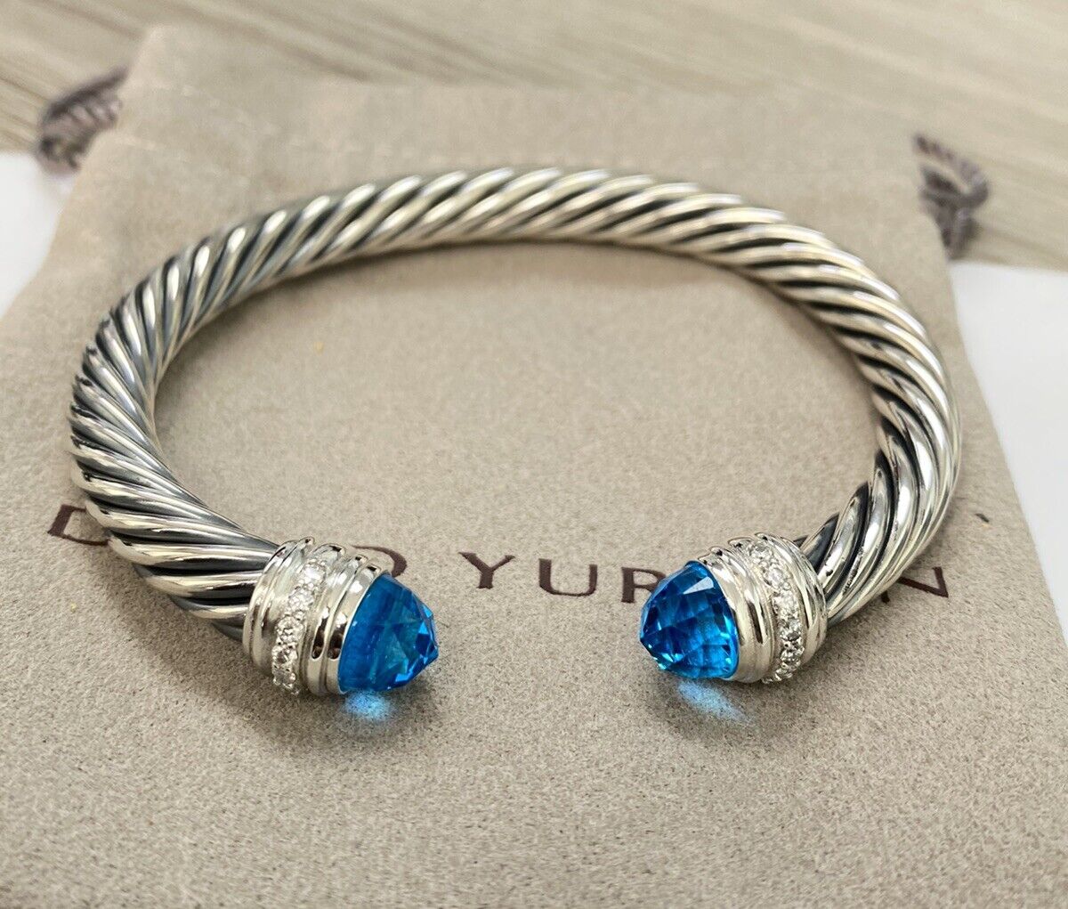 David Yurman 925 Silver 7MM Blue Topaz Cable Bracelet With Diamonds Sz M