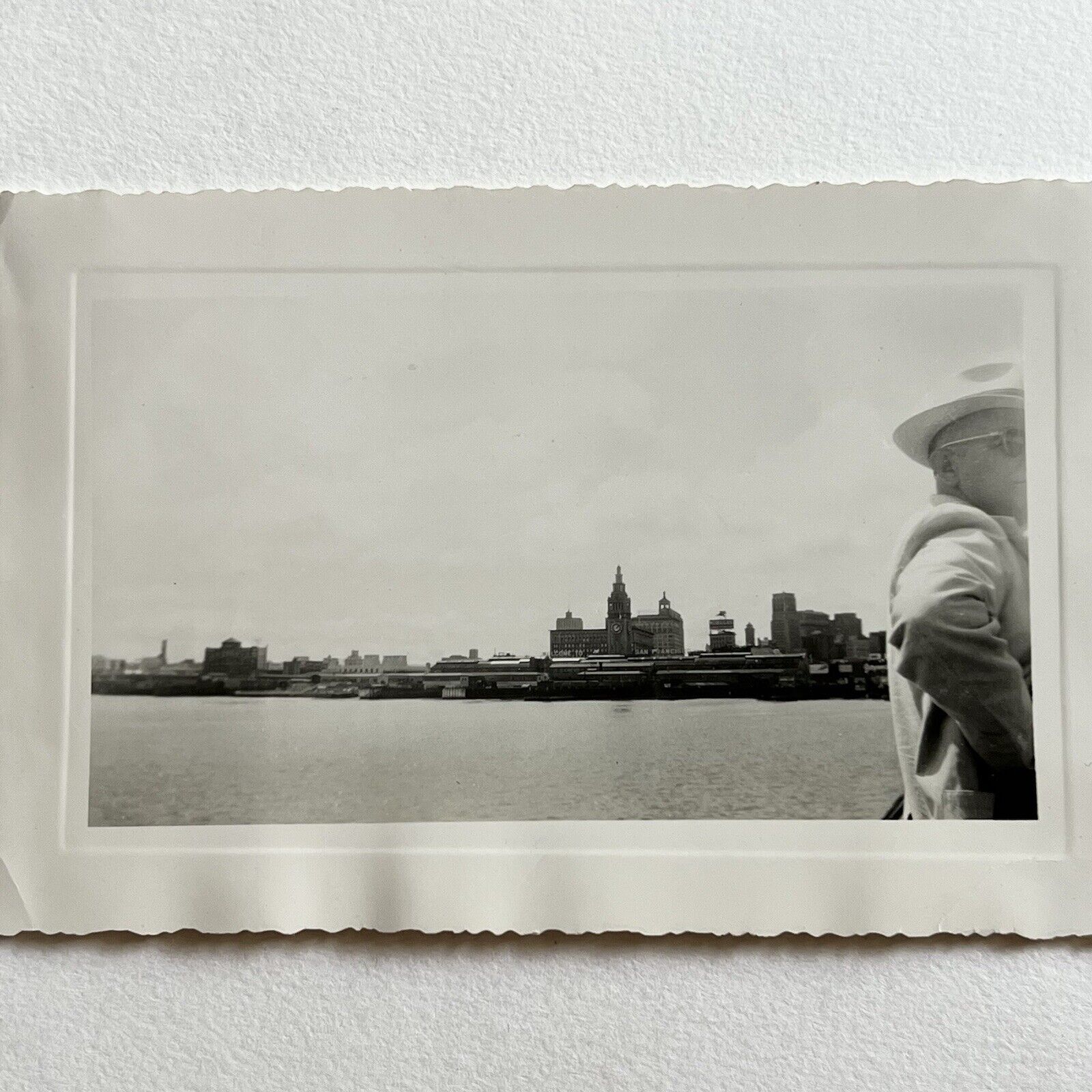 Vintage B&W Snapshot Photograph San Francisco CA Ferry Building Skyline Man Hat