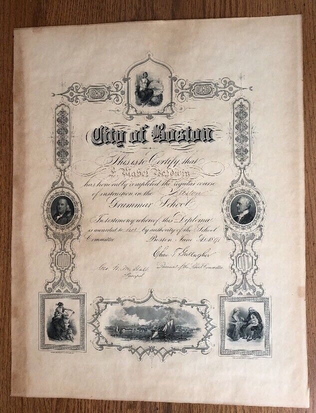 Antique 1891 BOSTON Allston GRAMMAR SCHOOL Diploma American Bank Note Co. Ny Bos