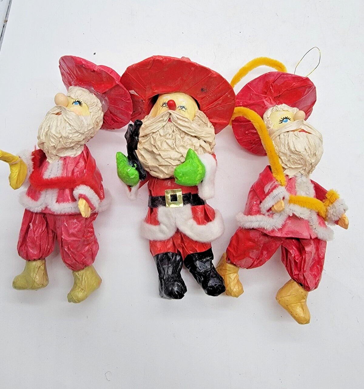 Vintage 3 Western Santa Claus Paper Mache Figures 4” Christmas Ornaments