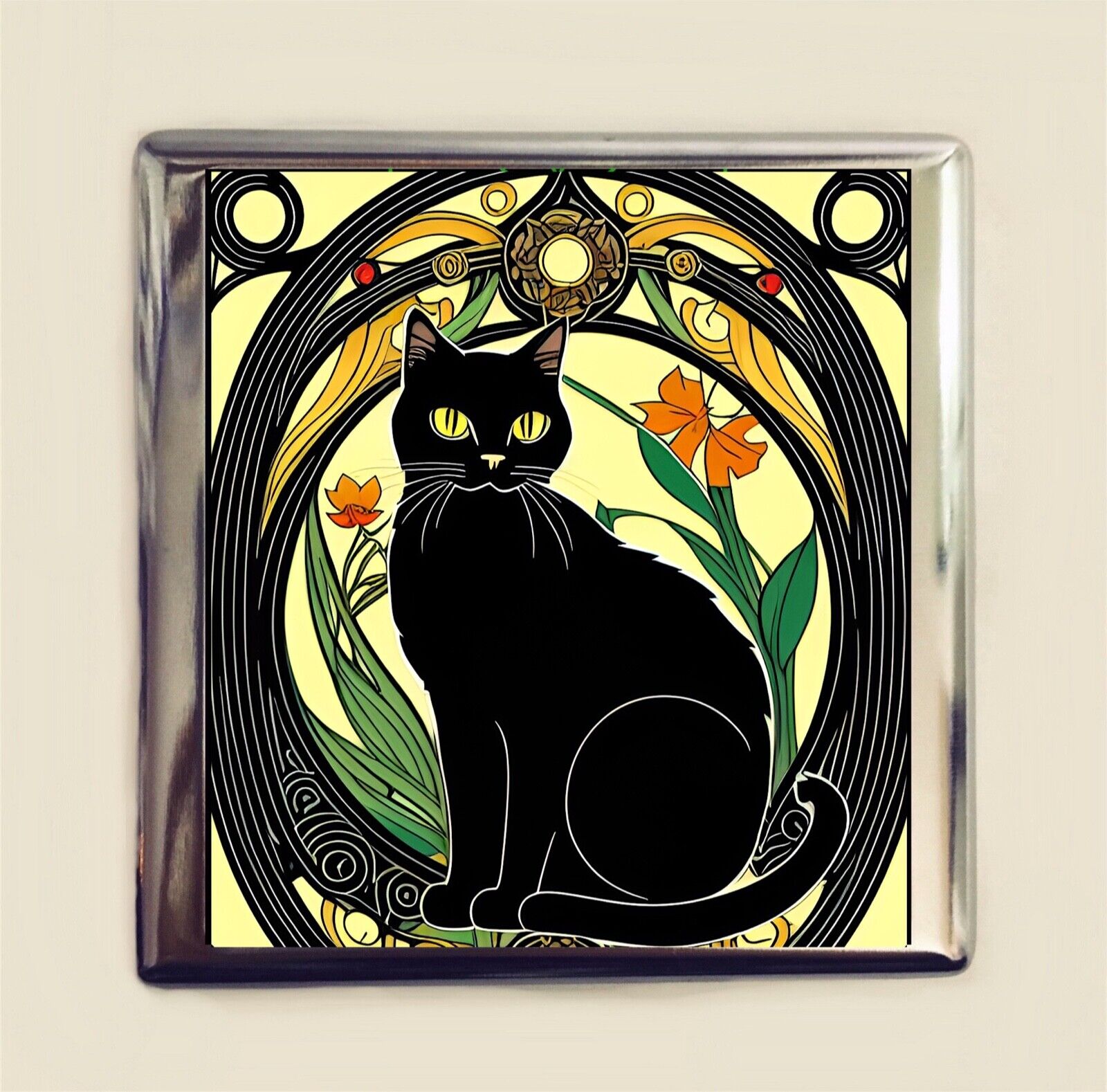 Art Nouveau Black Cat Cigarette Case Business Card ID Holder Wallet Deco Cats