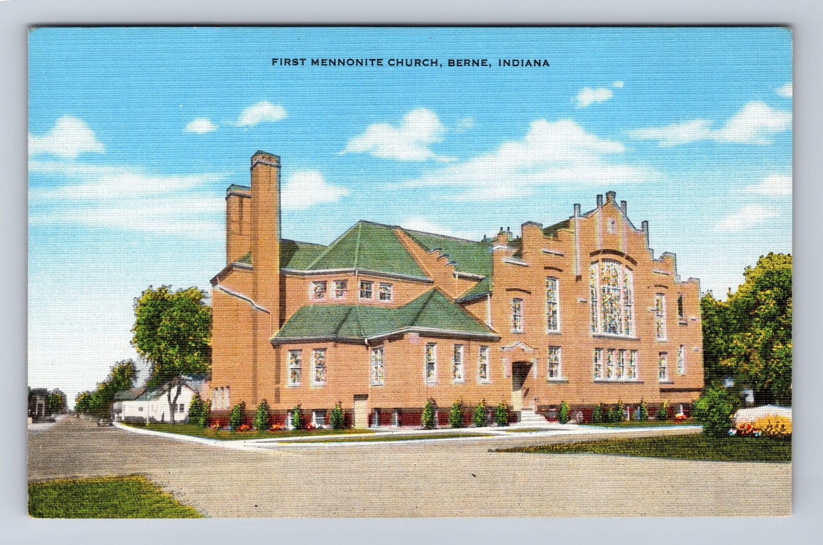 Berne IN-Indiana, First Mennonite Church, Antique Vintage Souvenir Postcard