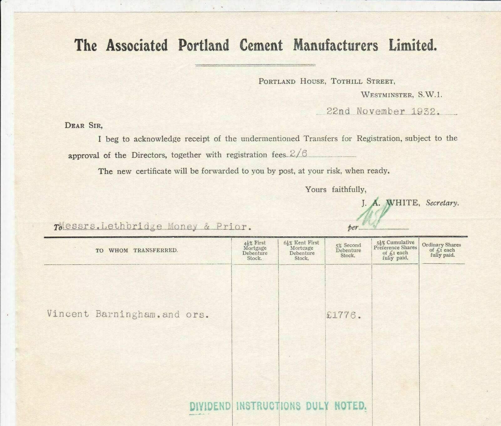The Associated Portland Cement Manufacturers Limited,S.W.1 1932 Receipt Rf 46291
