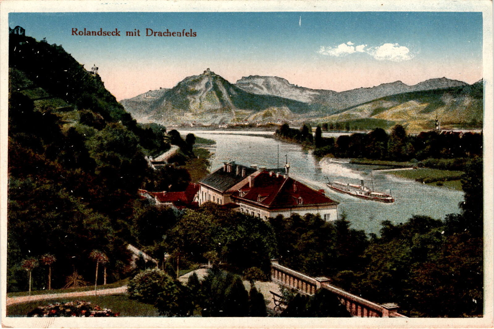 Postcard from Rolandseck mit Drachenfels; summary requested in CSV format.