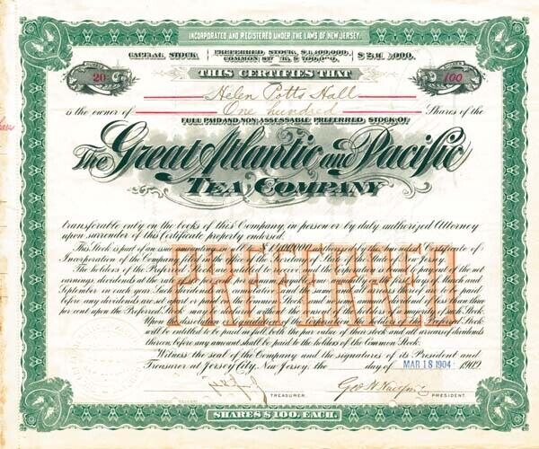 Great Atlantic and Pacific Tea Co. signed by George H. Hartford - Stock Certific