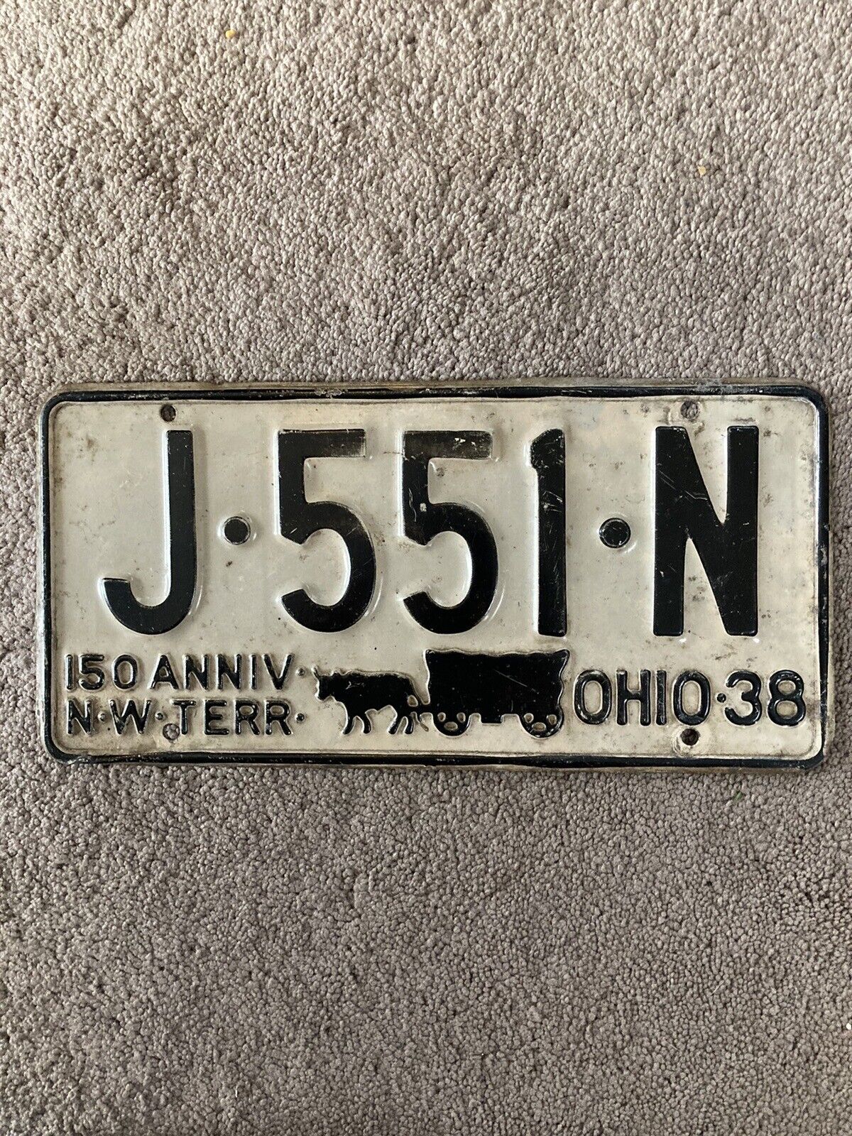 1938 Ohio License Plate - J 551 N - Nice Oldie