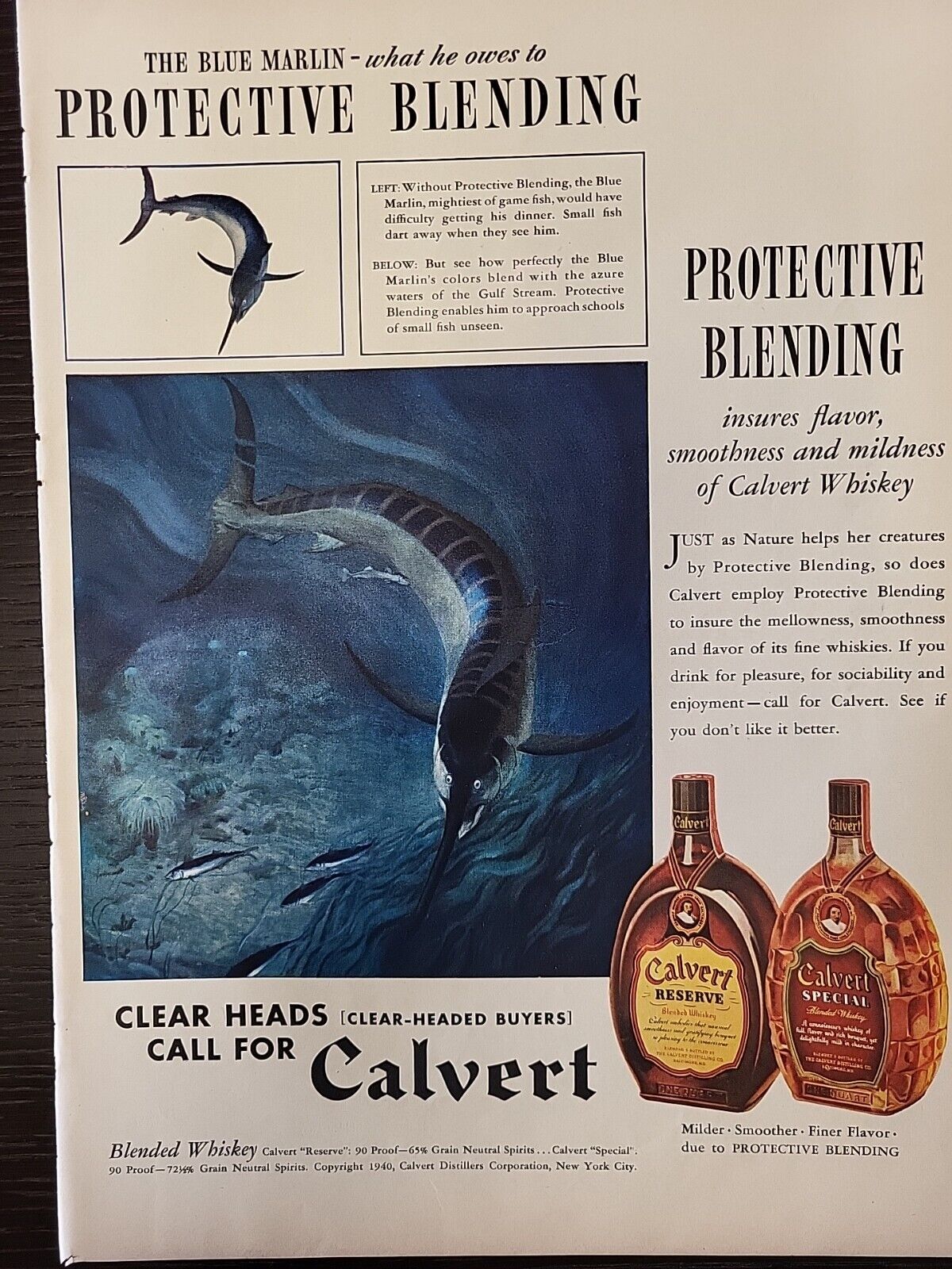 1940 Print Advertising Calvert Whiskey Blue Marlin protective blending LIFE L42A