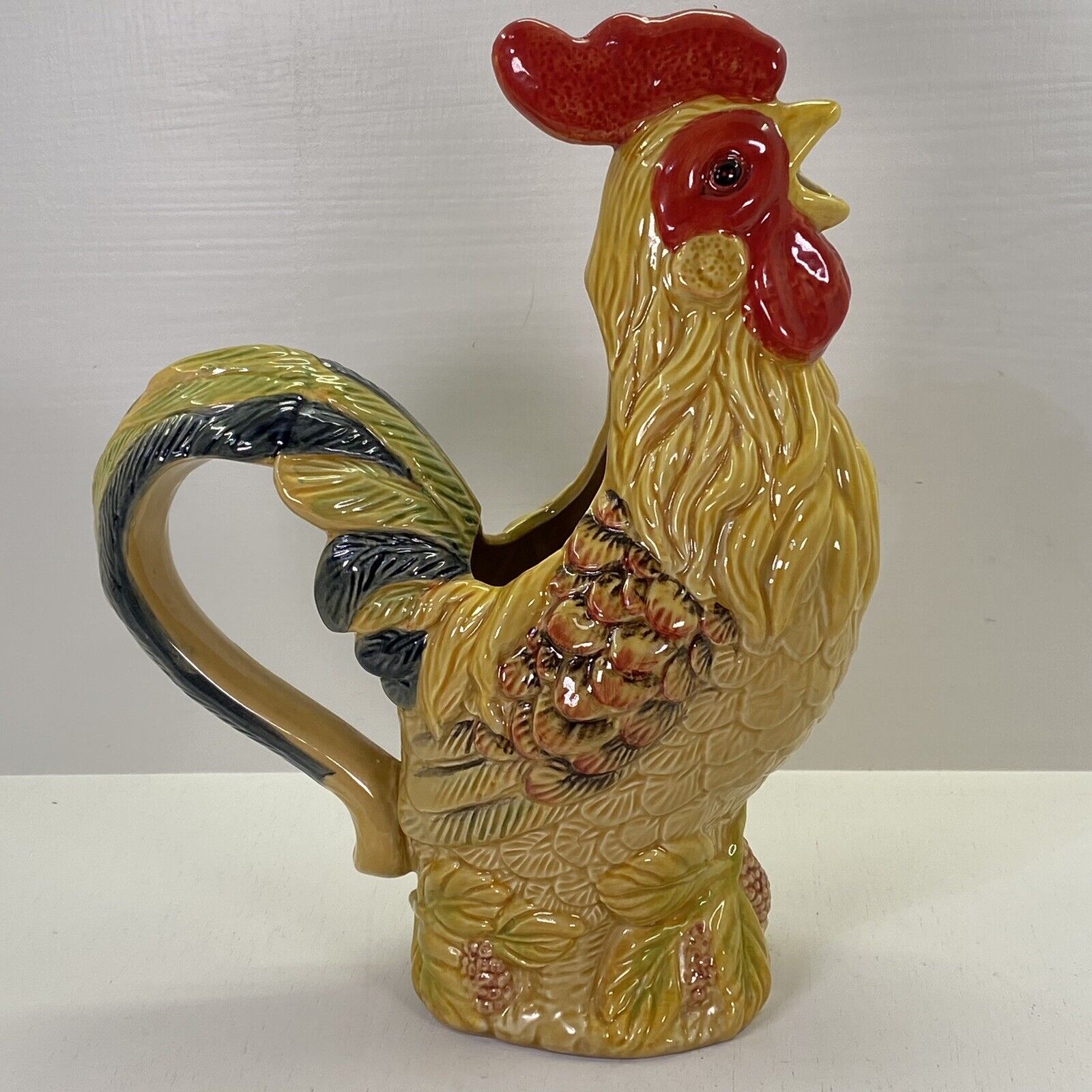Vintage Maxcera Pottery Orange Rooster Ceramic Majolica Watering Chicken Pitcher
