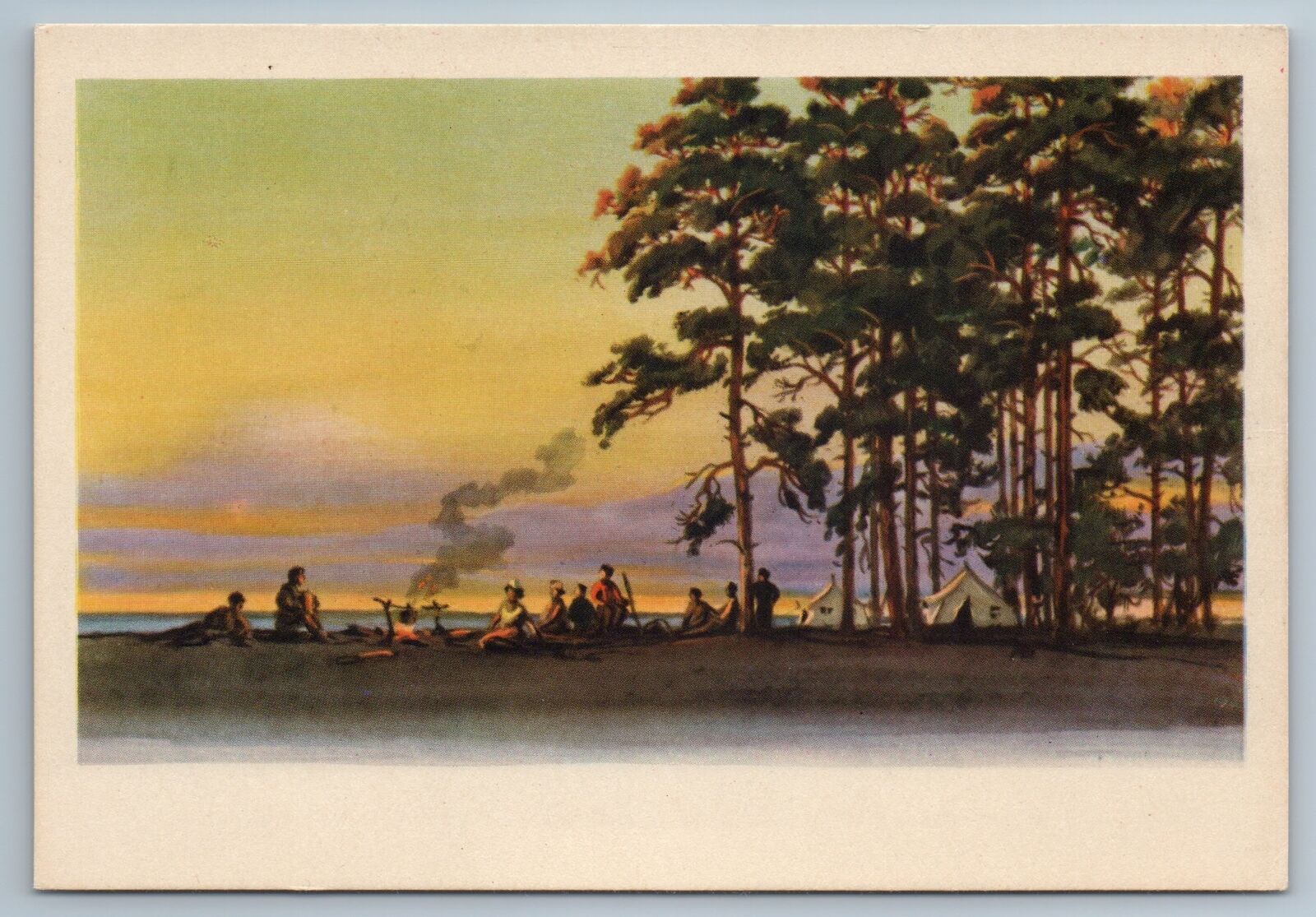 1959 REST OF TOURISTS Camping Bonfire Forest Survivors Rare USSR Postcard
