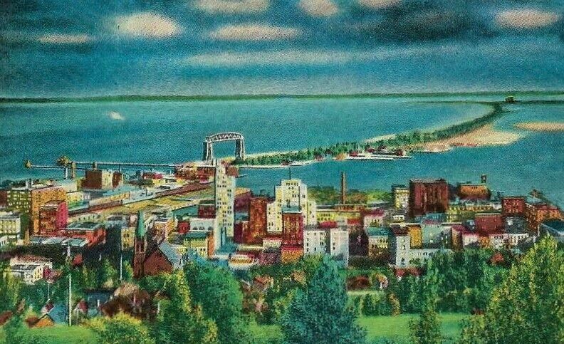Vintage Postcard Duluth Minnesota Bird\'s Eye View from Skyline Drive at Night CT