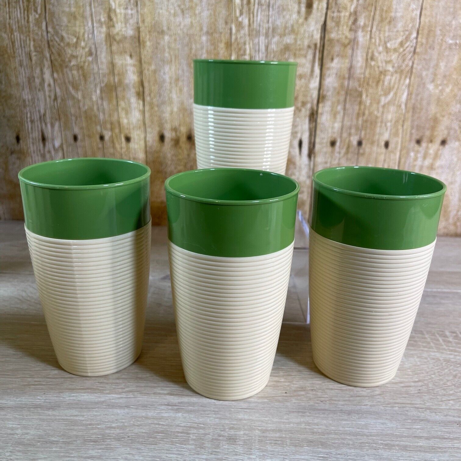 Raffiaware by Thermo-Temp Drink Tumblers Avocado Green Ribbed Vintage Set of 4
