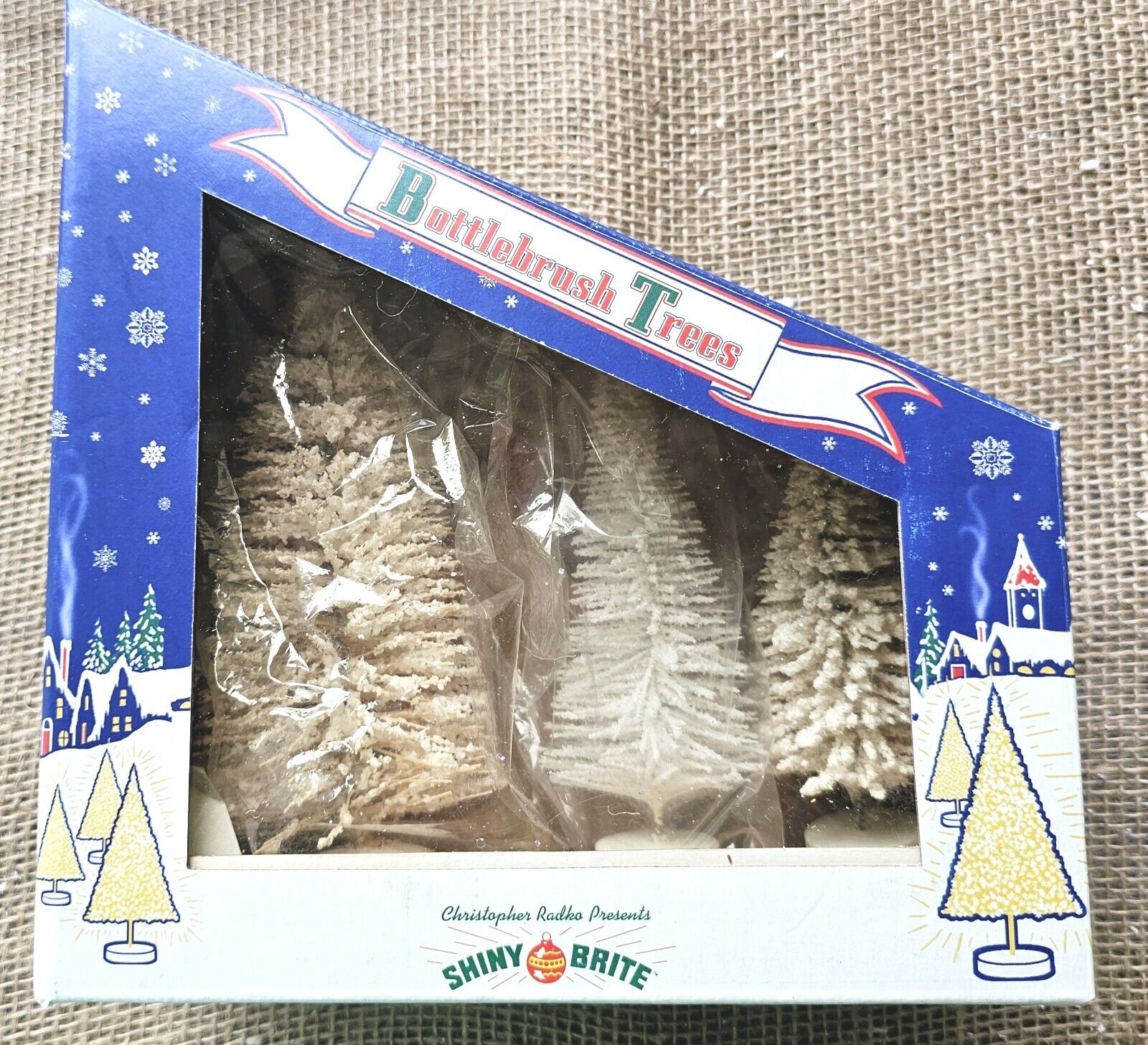 Vintage 1990s Shiny Brite  3 Brush Trees Christopher Radko Christmas In Box