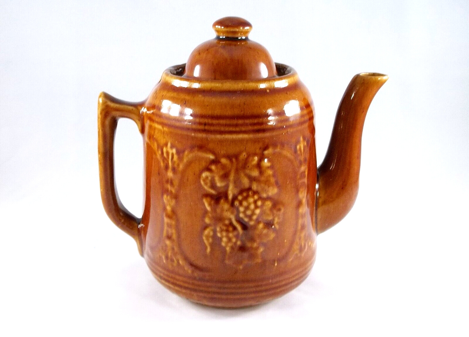 Antique Rustic Brown Stoneware Teapot Grapes & Leaves Harvest Pattern, 4 Cups