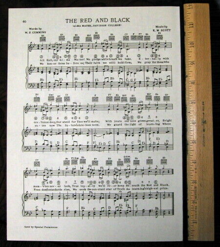 DAVIDSON COLLEGE Vintage Original Song Sheet c 1938 