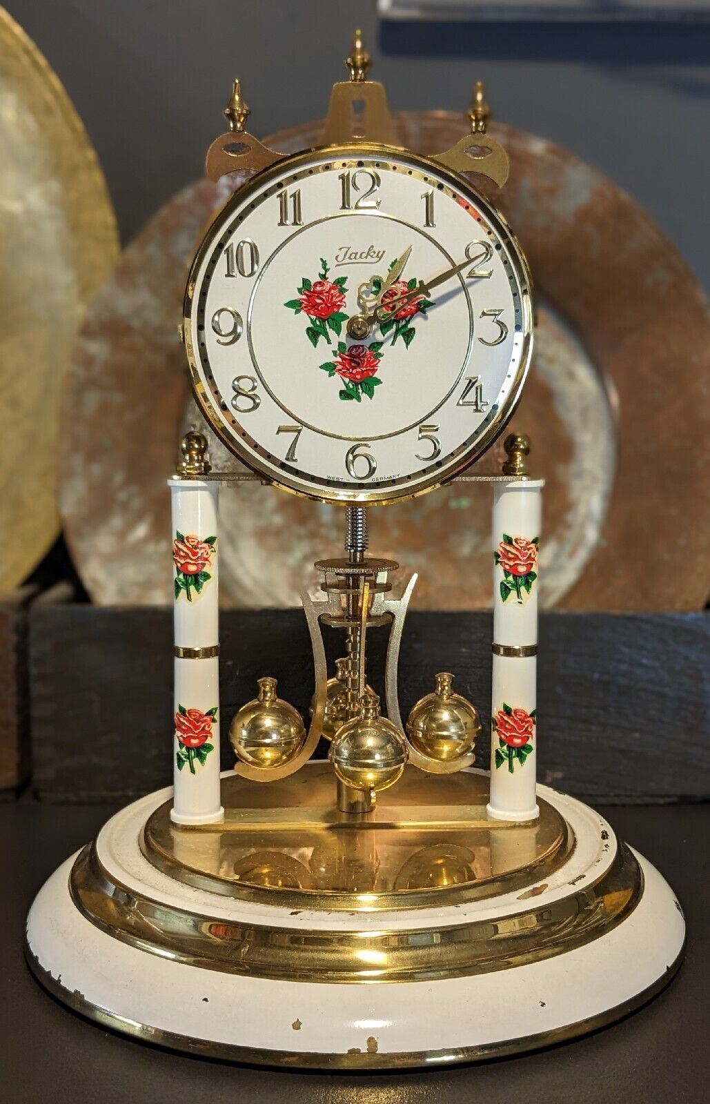 Vintage Floral Rises Elgin Anniversary Clock Glass Dome West Germany S Haller 