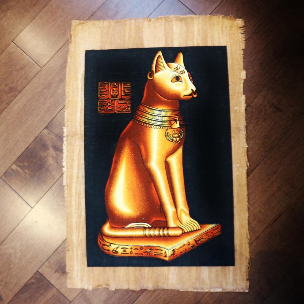 XL Unique Signed Handmade Papyrus Egyptian Mythical Cat Bastet Painting..25\