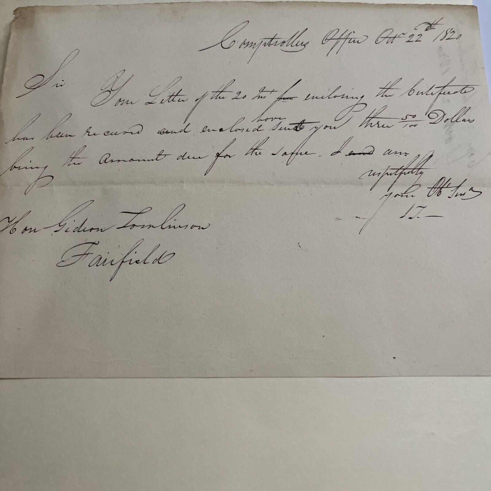 1820 Letter to/from Connecticut Comptroller’s Office & Governor Gideon Tomlinson