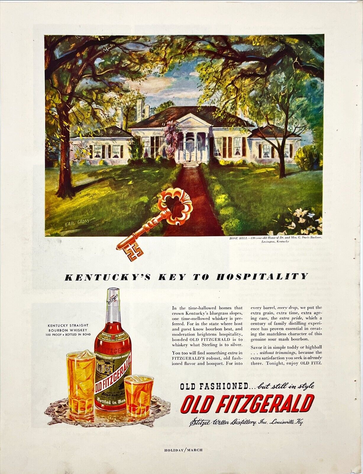 Old Fitzgerald Bourbon Whiskey  Buckner House Mansion Lexington KY Vtg Print Ad