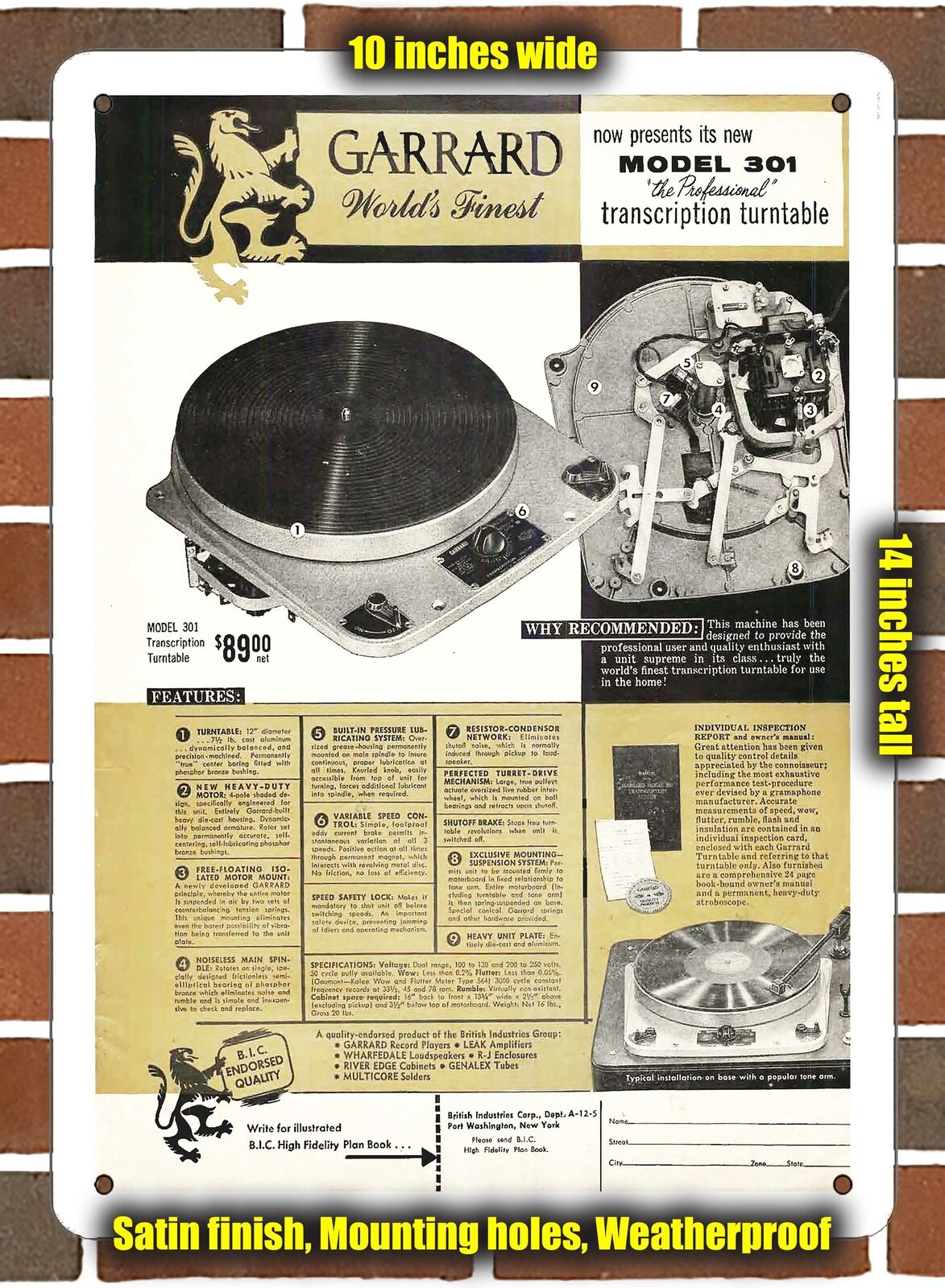 Metal Sign - 1955 Garrard 301 Turntables- 10x14 inches
