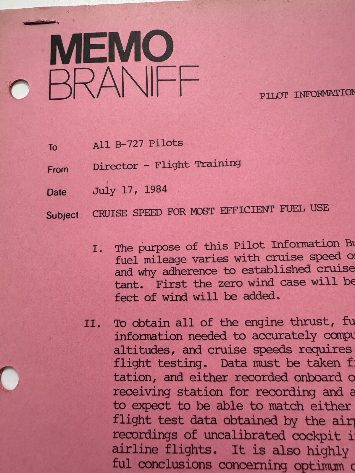 Braniff International Airlines 1980’s Original Document Memo Air History