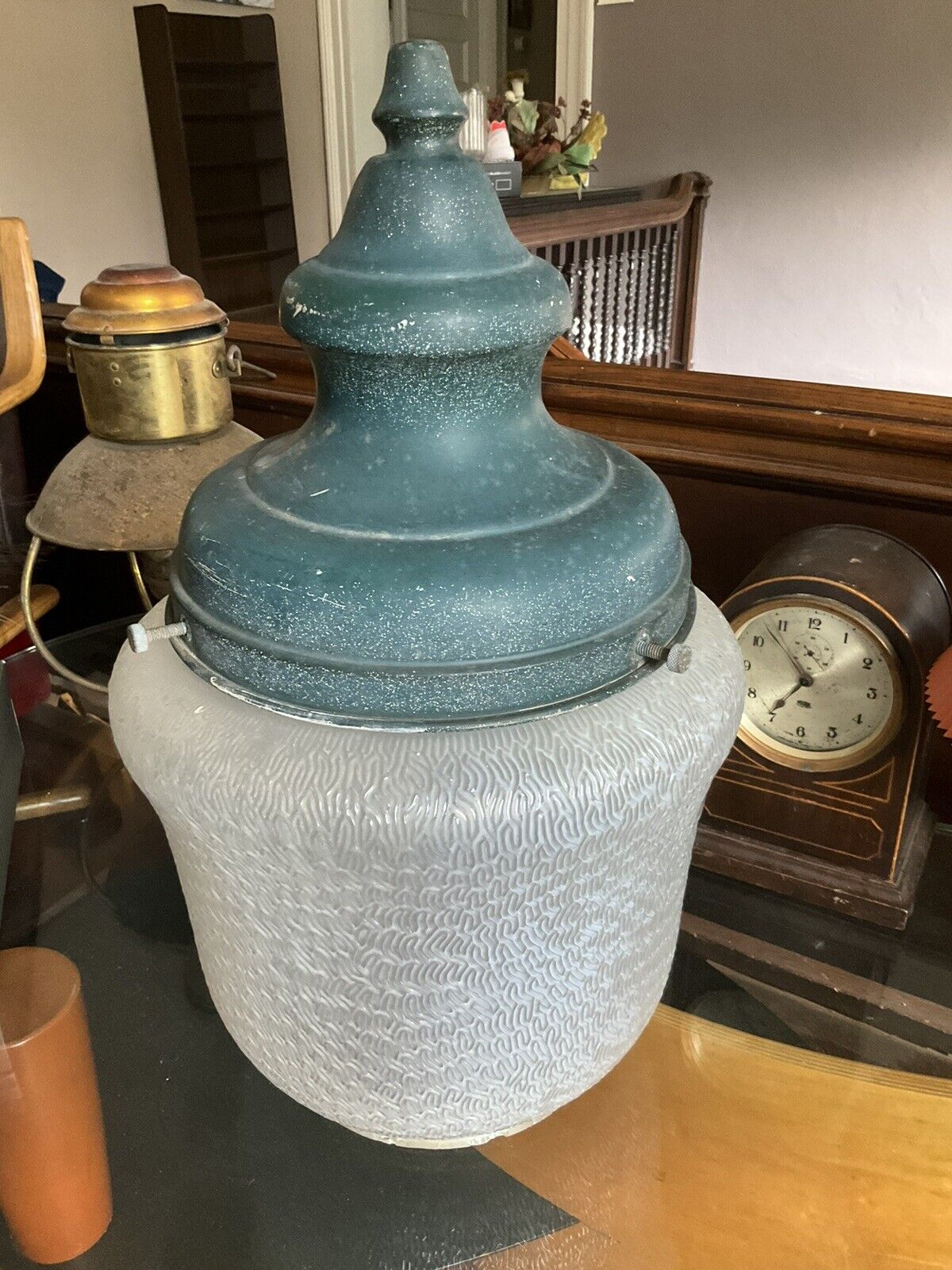 RARE, (1) ANTIQUE Gas Lamp Post Globe & Rain Guard/Finial Early 1900’s Very Lg.