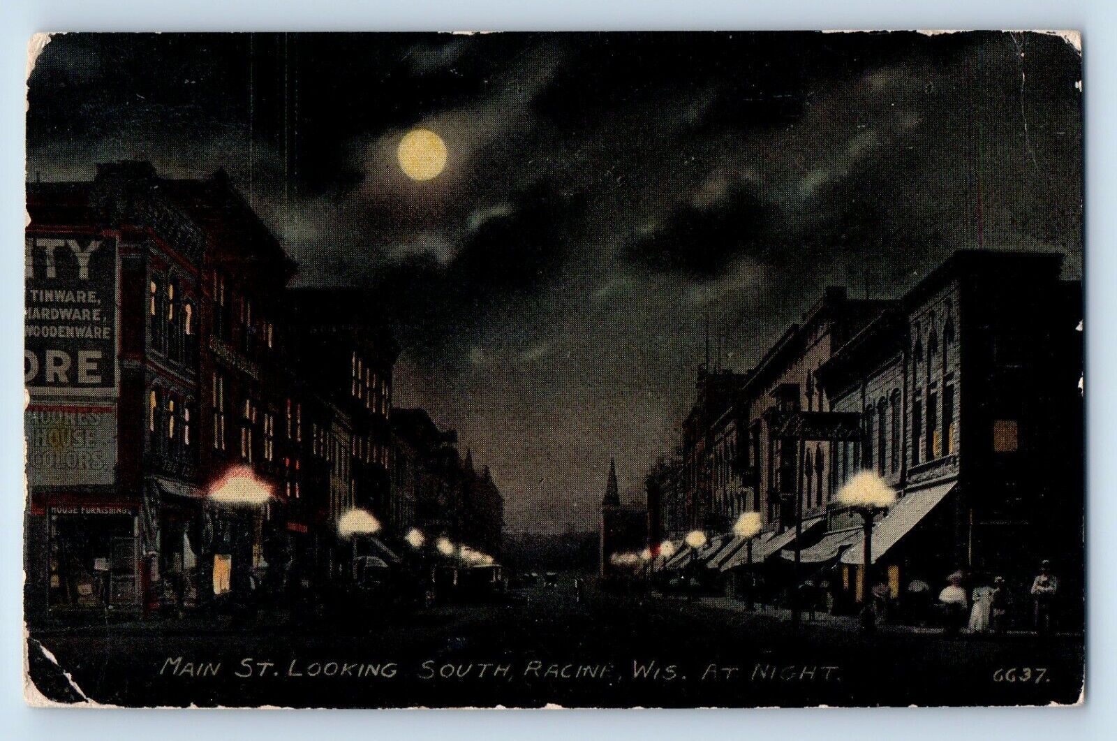Racine Wisconsin Postcard Main St. Looking South Night Moon 1912 Vintage Antique