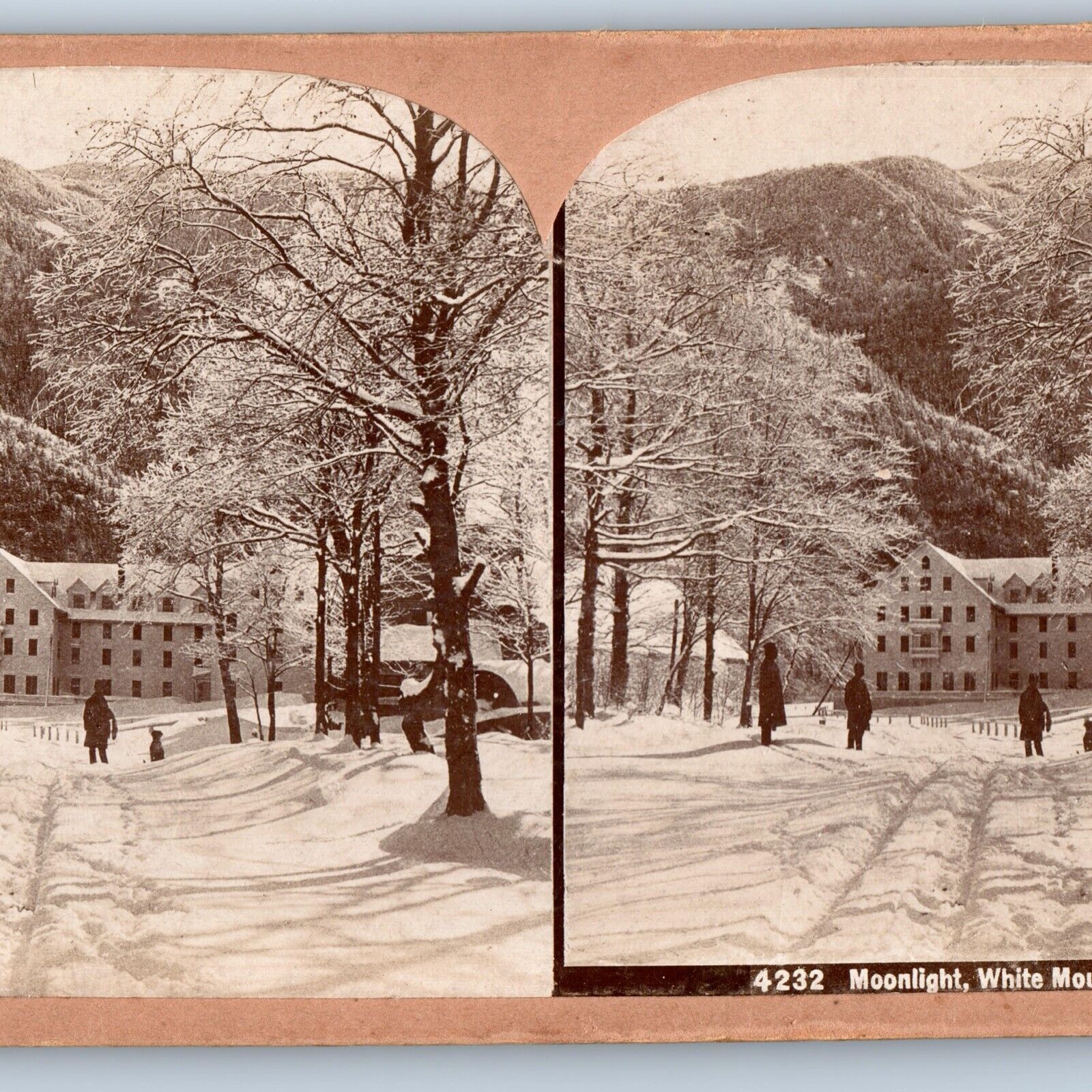 c1900s White Mountains, NH Moonlight Snow Hotel Real Photo Stereoview Road V46