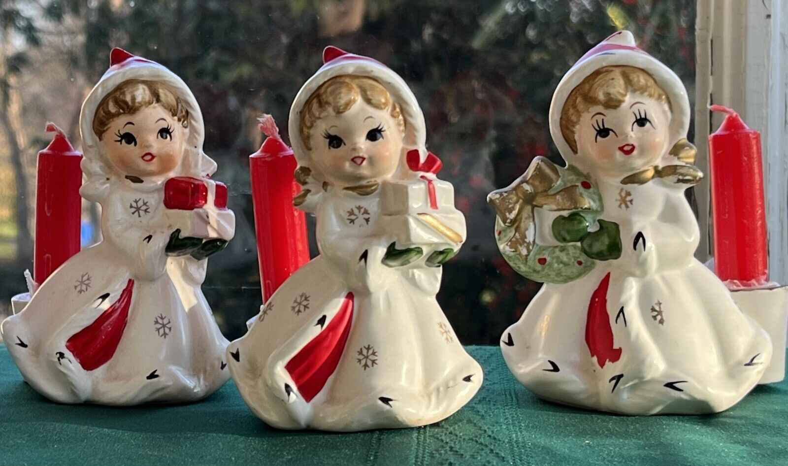 3 Napco Vintage Christmas Snowflake Girl Candleholders Set X-8388 1950’s EUC