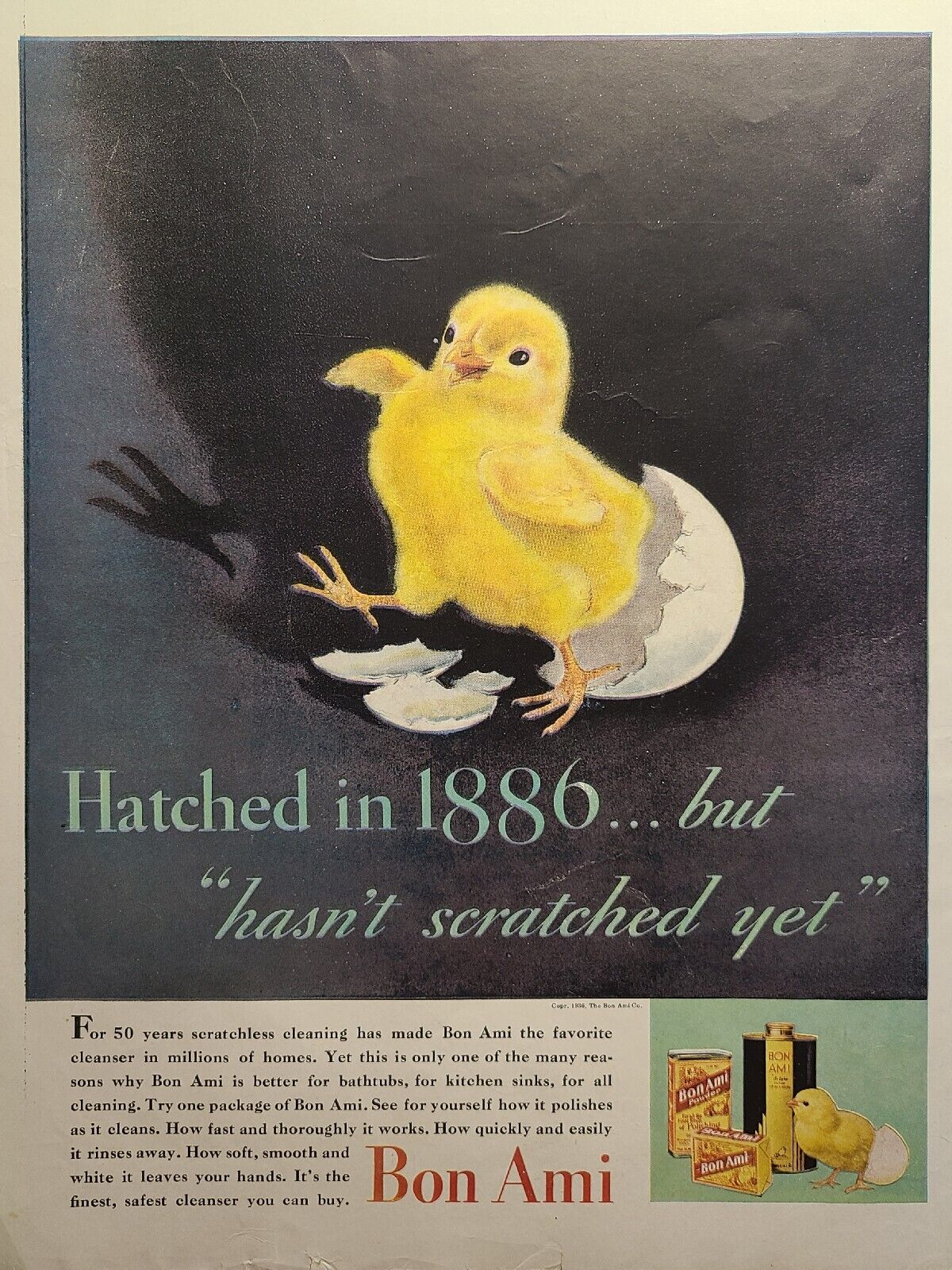 Bon Ami Non-Scratch Cleanser Chick Hasn't Scratched Yet Vintage Print Ad 1936