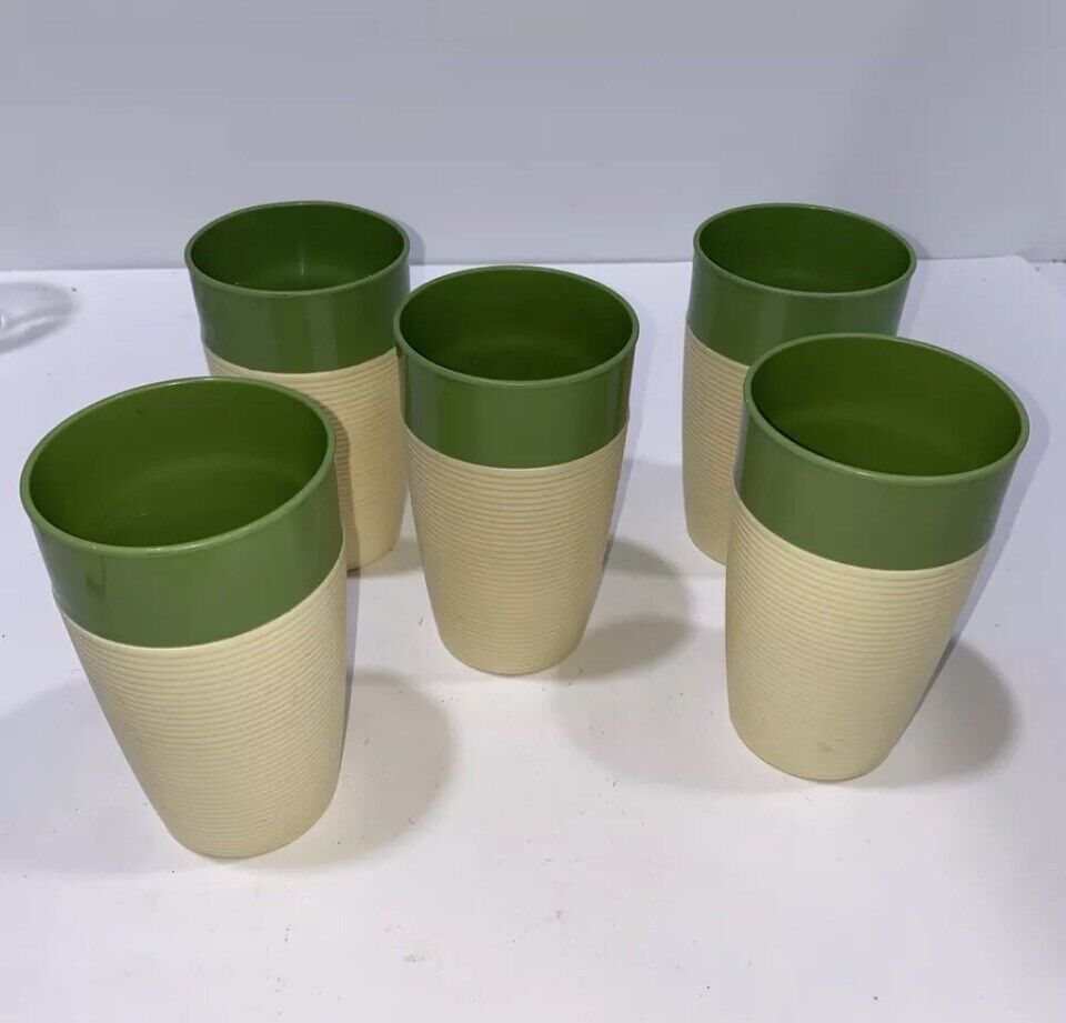 Raffiaware by Thermo-Temp Drink Tumblers Avocado Green Ribbed Vintage Set of 5