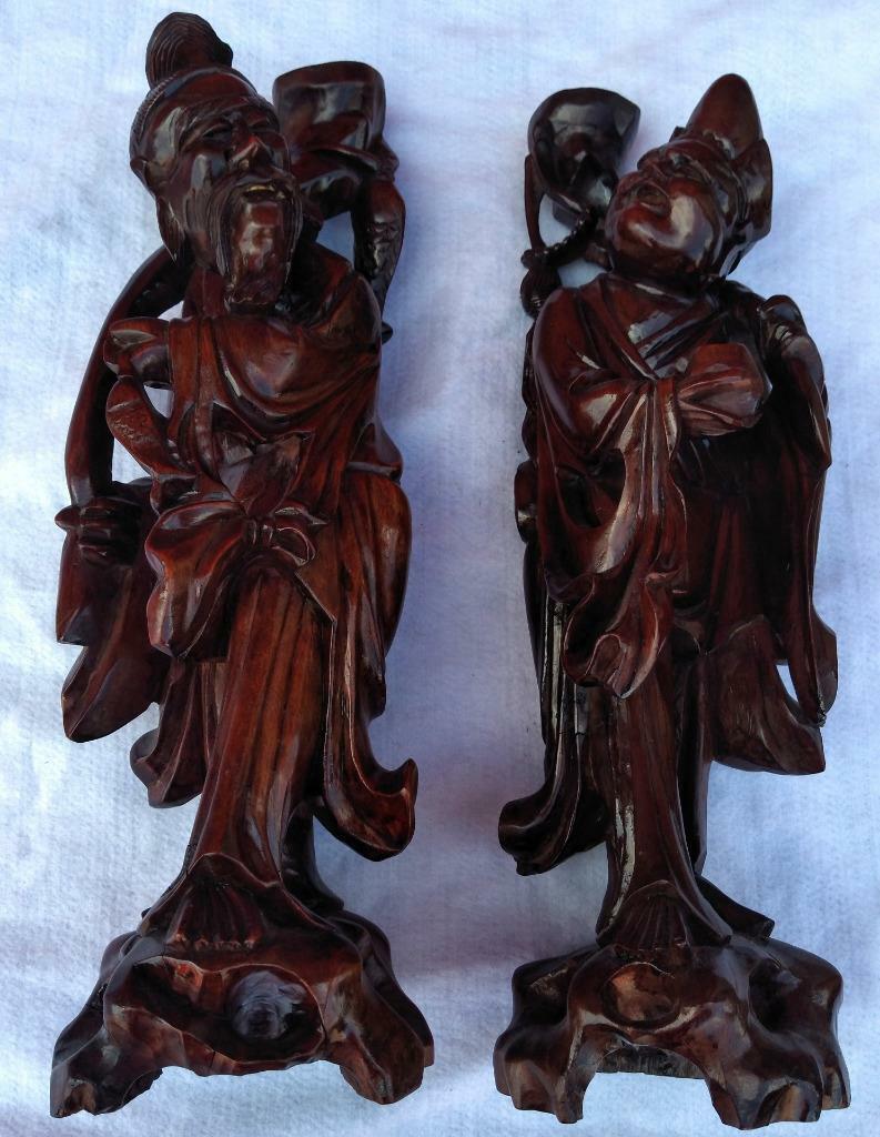 Pair of Two Old Hand Carved Wood Wooden Statues Chinese Asian Man Men Carvings